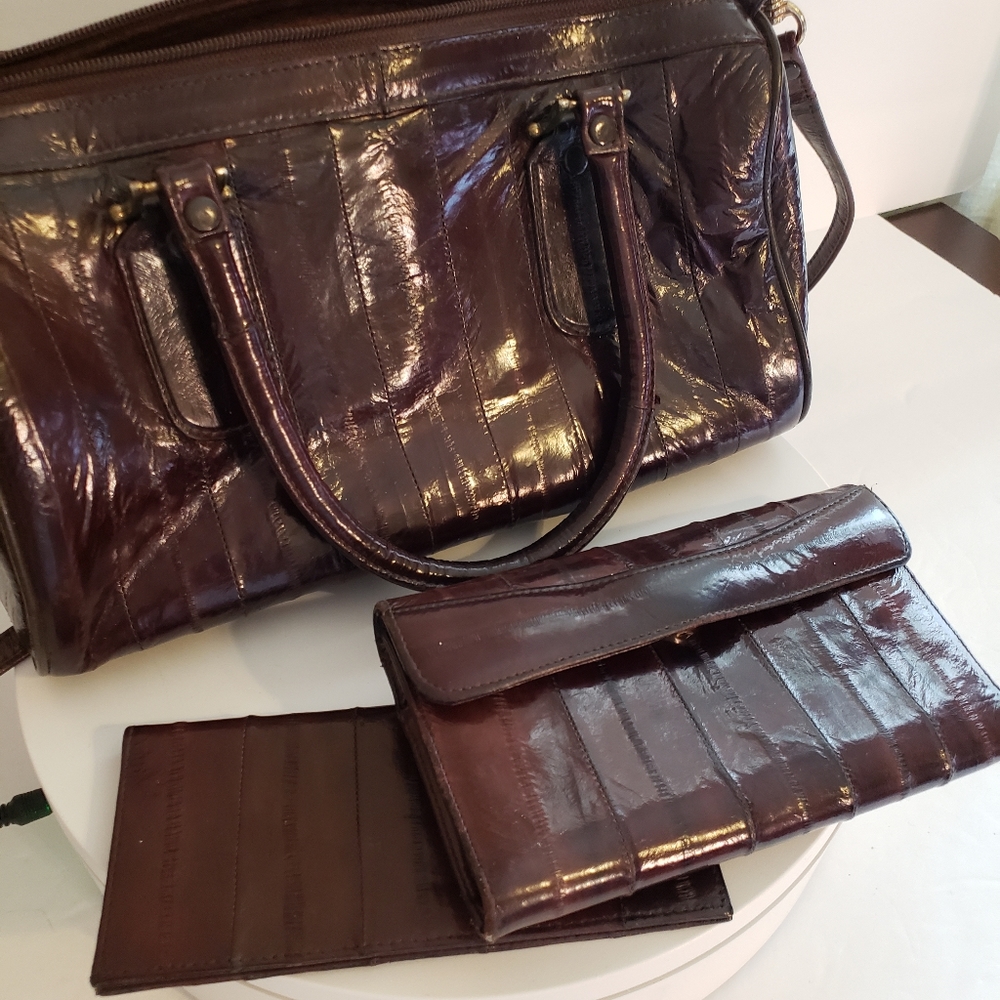 3 pce set vintage eel skin handbag wallet